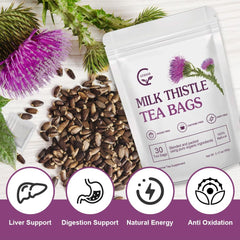 gornvb tea bag close-up revealing organic milk thistle content and easy brewing