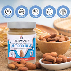 Gourmanity being blended into almond milk in a glass showing quick preparation benefit