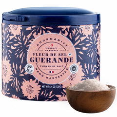 Gourmanity jar front view showing authentic French fleur de sel benefit elegant gift