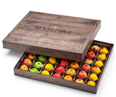 Gourmanity front box display showing 42 fruit-shaped marzipan pieces and elegant packaging
