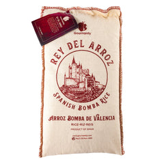 Gourmanity front package of Rey del Arroz bomba rice showing brand and weight, clear labeling benefit