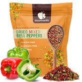 Gourmanity front packaging showing 32 oz diced red and green peppers, convenient pantry staple