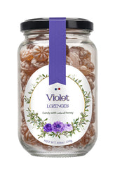 Gourmanity front packaging showing 8.8 oz jar and violet honey lozenges, attractive gifting