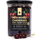 Gourmanity jar front view showing label and cherries, enhances cocktail presentation