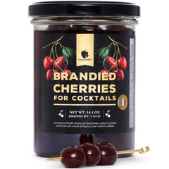 Gourmanity jar front view showing label and cherries, enhances cocktail presentation