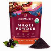 Gourmanity pouch front view showing product branding and vibrant purple color