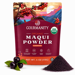 Gourmanity pouch front view showing product branding and vibrant purple color