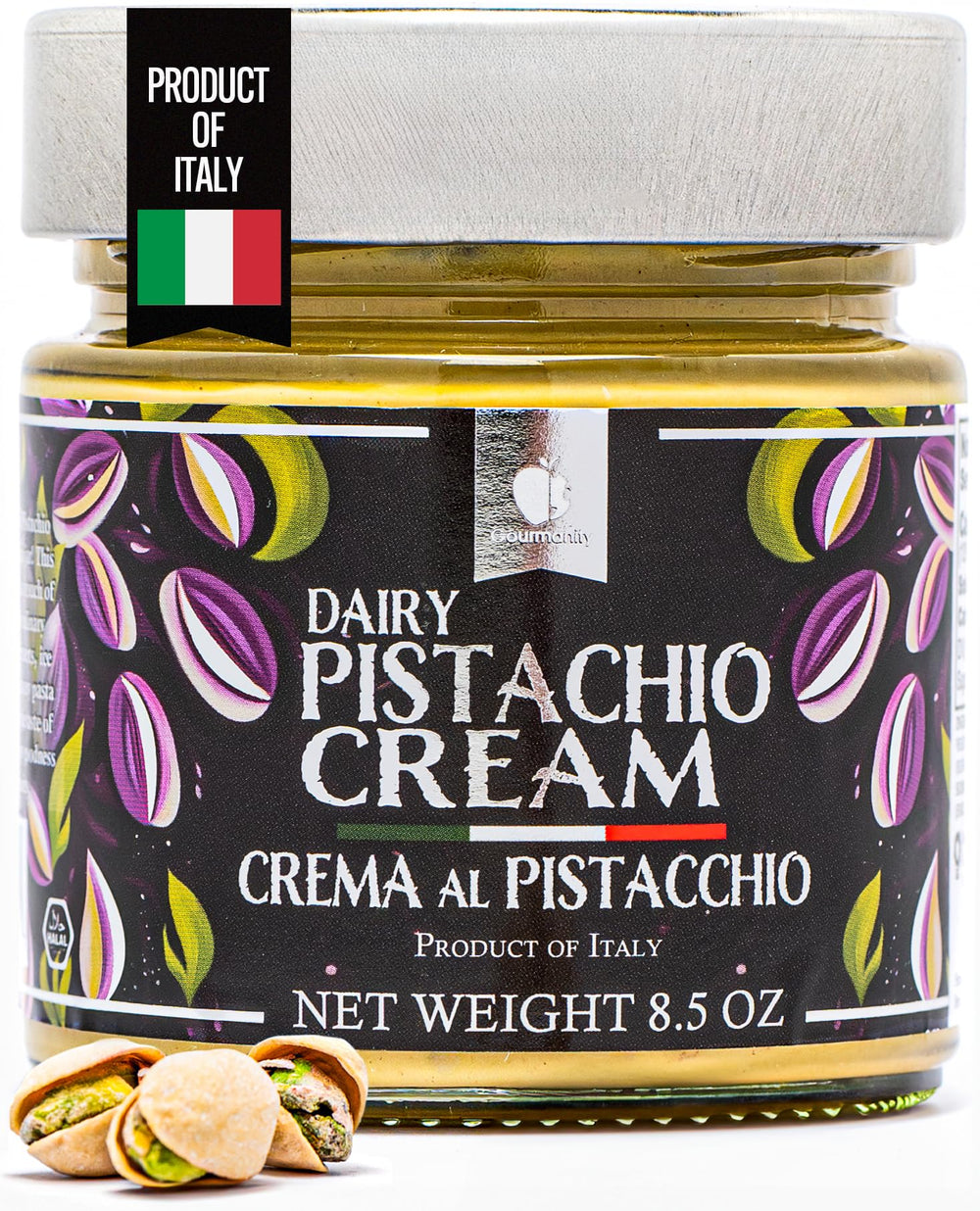 Gourmanity jar front view showing elegant label and premium pistachio spread benefit