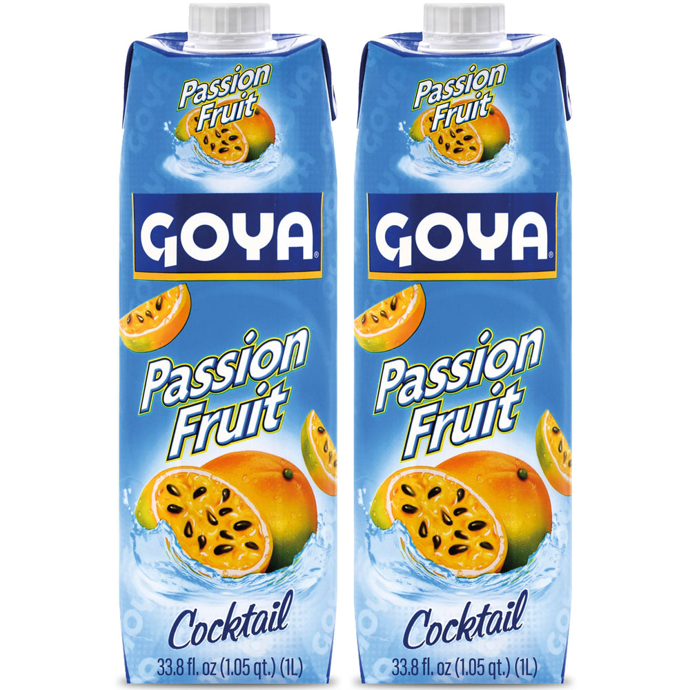 Goya passion fruit cocktail front packaging shows two bottles for pantry convenience