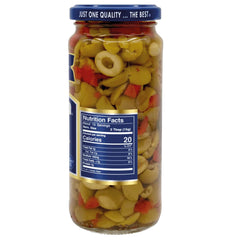 Goya open jar top view with pitted Manzanilla olives and pimientos for quick use