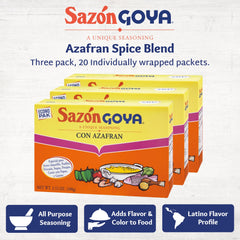 Close-up foil packet of Goya Sazón Azafrán highlighting quick use advantage