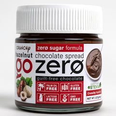 go zero front jar showing crunchy hazelnut spread and appealing label benefit of zero sugar