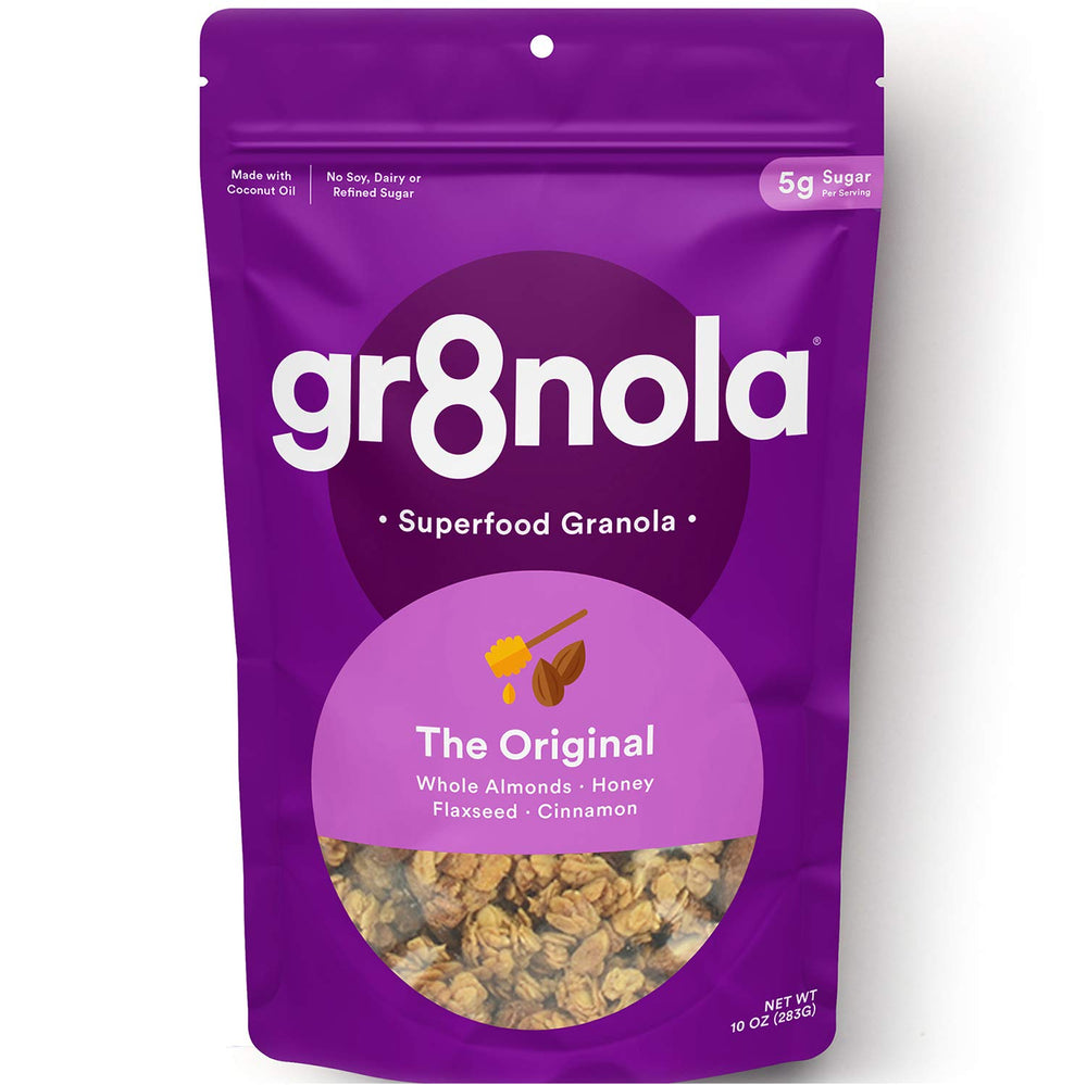 gr8nola front packaging showing 10oz bag and branding, helps choose healthier cereal