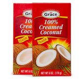 Grace creamed coconut front packaging shows 6 oz block and clear labeling benefits