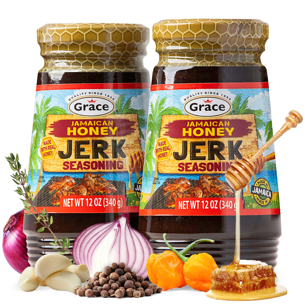 Grace jar front view showing honey jerk seasoning and bold flavor benefit