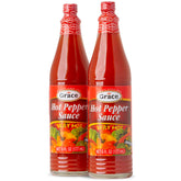 Grace hot pepper sauce front packaging shows two 6oz bottles and brand label benefit: authentic Jamaican flavor