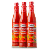 Grace hot pepper sauce front packaging shows three 3oz bottles, ideal for convenience