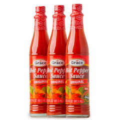 Grace hot pepper sauce front packaging shows three 3oz bottles, ideal for convenience
