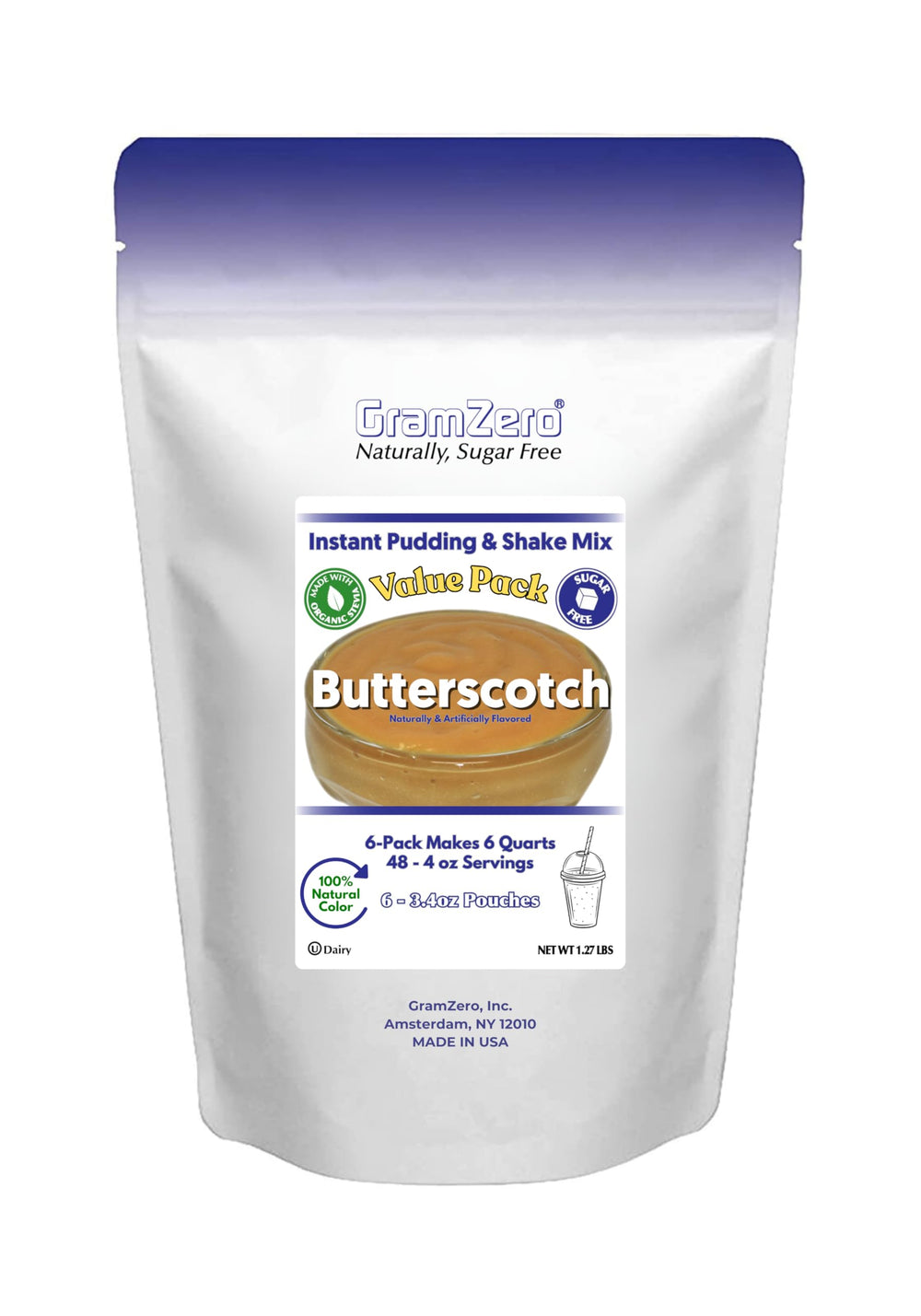 GramZero front packaging showing six butterscotch pudding pouches and clear labeling benefit: convenient portioning