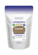 GramZero front packaging showing six caramel pudding pouches and clear benefits