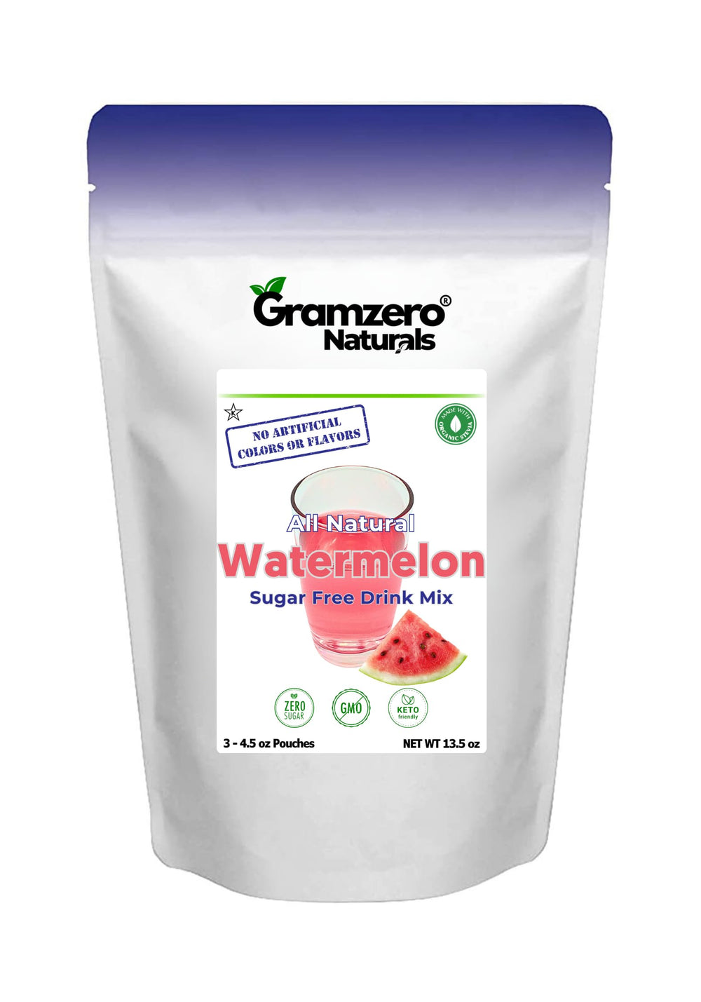 GramZero front packaging showing watermelon flavor and sugar-free benefit