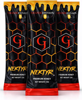 Grande Johnson front packaging showing three Nektyr sachets and clear organic branding benefit convenience