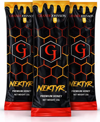 Grande Johnson front packaging showing three Nektyr sachets and clear organic branding benefit convenience
