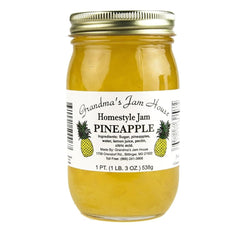 Grandma's Jam House front label on 19 oz jar showing brand and clear pineapple color