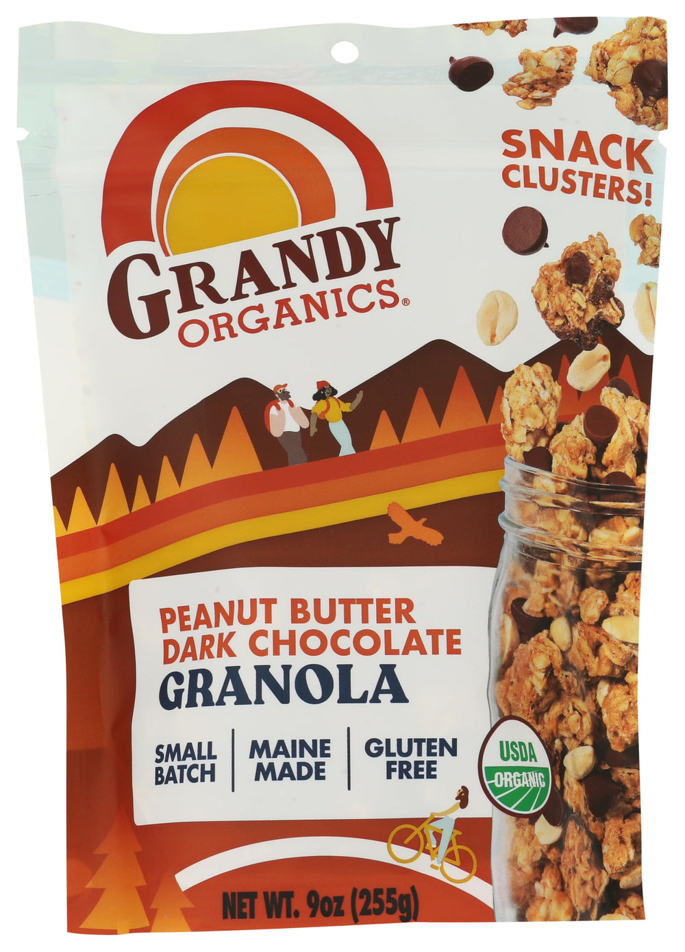 GrandyOats front packaging showing chunky peanut butter and dark chocolate clusters with nutritious appeal