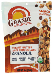 GrandyOats front packaging showing chunky peanut butter and dark chocolate clusters with nutritious appeal