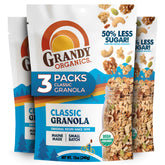Grandy Organics front packaging showing organic low-sugar granola benefits