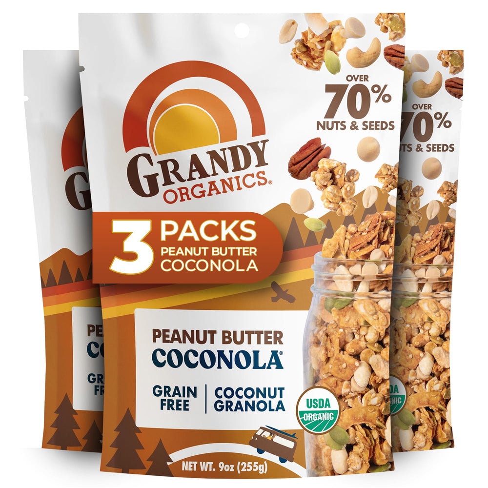 GrandyOats front packaging showing peanut butter coconola and certifications