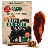 Grazly front packaging showing 5 oz brisket slabs and benefits