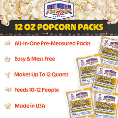 Great Northern open packet displaying kernels, coconut oil, and butter flavored salt for quick pouring