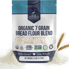Great River Milling front packaging showing 7 Grain Bread Flour, clear product view and storage benefit