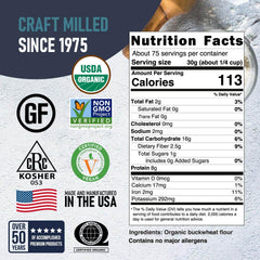Great River Milling label close-up highlighting USDA Organic and gluten-free benefits
