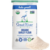 Great River Milling front packaging showing 25 lb whole grain barley flour and organic label benefit