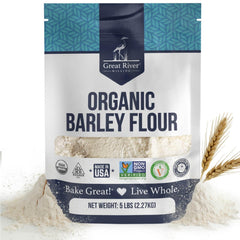 Great River Milling front packaging showing 5 lb organic barley flour benefits