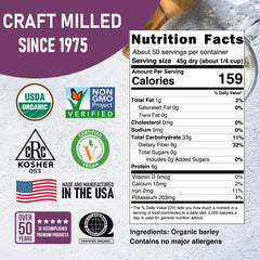 Great River Milling pouring hulled barley into bowl demonstrating easy portioning and use
