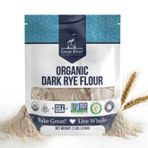 Great River Milling front packaging of 2 lb dark rye flour showing organic label and brand benefits