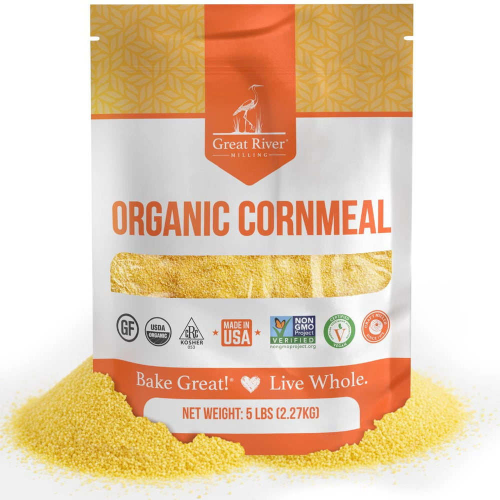 Great River Milling front of bag showing organic 5 lb cornmeal benefits