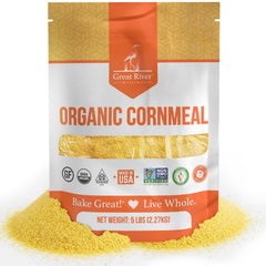 Great River Milling front of bag showing organic 5 lb cornmeal benefits
