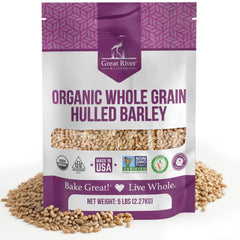 Great River Milling front packaging showing 5 lb organic hulled barley and pantry-ready appeal