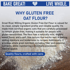 Great River Milling oat flour on spoon highlighting easy measuring and blending