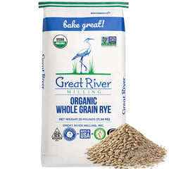 Great River Milling front packaging showing 25 lb bag and organic label benefit