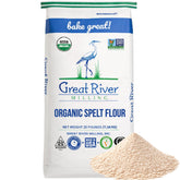 Great River Milling front packaging showing 25 lb bag and organic label benefit