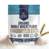 Great River Milling front packaging showing 2 lb organic whole wheat flour for reliable baking