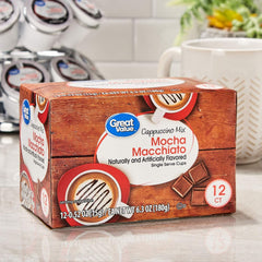 Great Value brewed mocha macchiato cappuccino in cup with froth and cocoa garnish