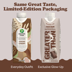 Greater Than Cocoa Cream pouring close-up, rich cocoa texture and creamy sip