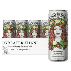 GREATER THAN front-facing can of Strawberry Lemonade showing branding and flavor, refreshing on-the-go drink